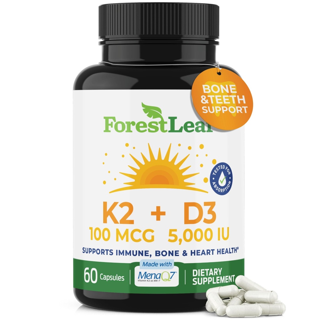 ForestLeaf Vitamina D3 + K2 (MK7) Supplemento - MenaQ7 - Calcium e vitamina D3 5000 IU Assorbimento massimo - Teeth and Bone Strength, Heart Health, Immune System Support - 60 capsule vegetali
