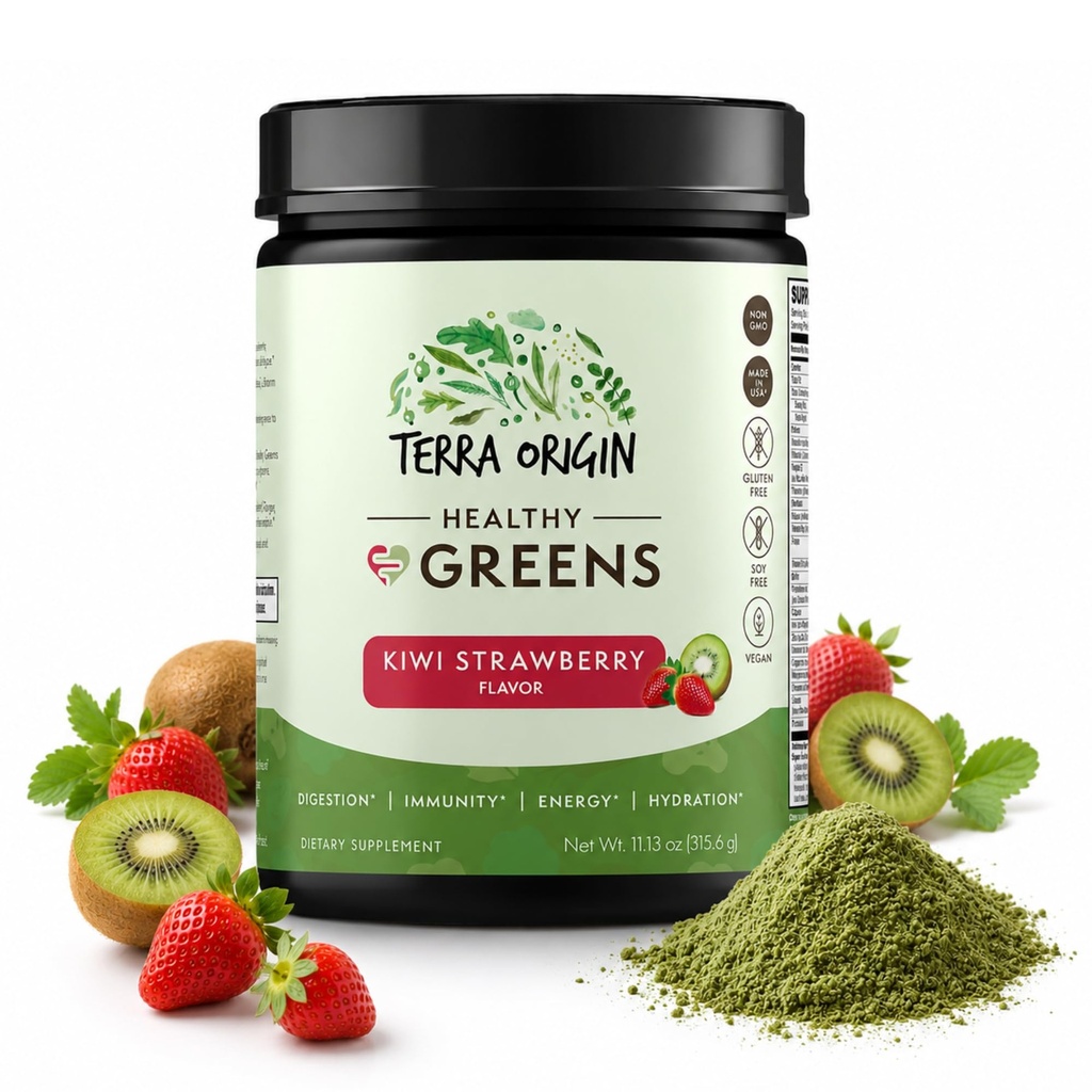 TERRA ORIGIN Miscela sana della polvere dei verdi | Superfoods, Probiotics, Enzimi, Spirulina | per il supporto sanitario di Gut Immune & Digestive | Energy & Wellness Boost | 30 Servings (Kiwi Strawberry)