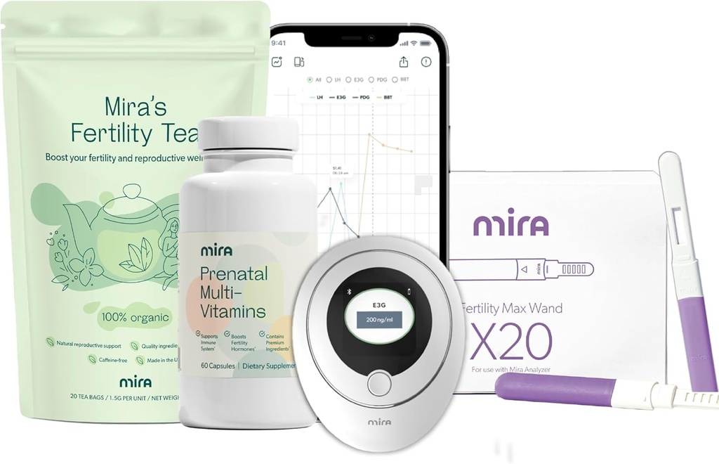 Mira Gravidanza Bundle per Provare a Conceive, Digital Fertility e Ovulation Kit con 20 Max Test Wands, 1 Bottiglia di Mira Prenatal Multivitamins (60 Capsule), & 1 Borsa di Fertilità Tea (20 Borse di tè)