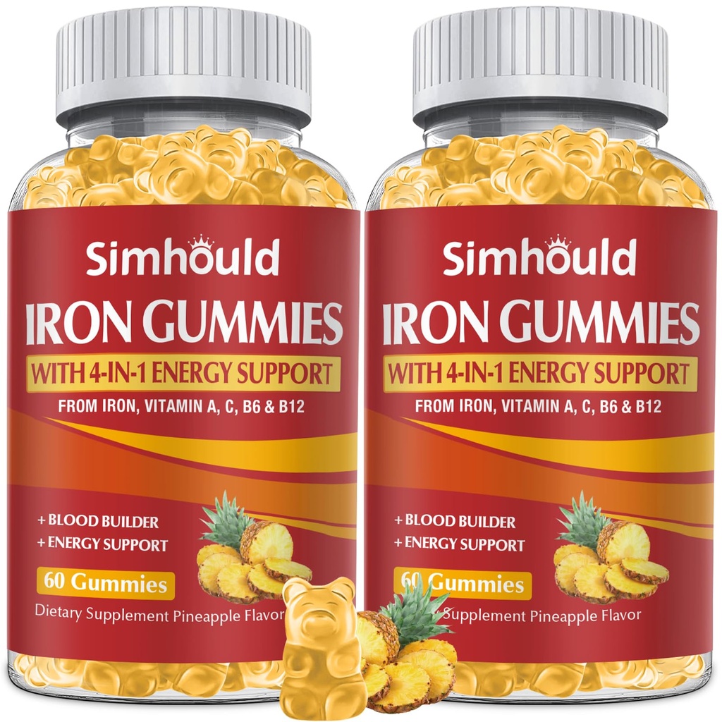 2 Pack Vegan 80MG Iron Supplement Gummies per le donne e gli uomini - Vitamina A, C, B per gli adulti e i bambini - Sangue & Builder & Energy Support per la carenza di ferro, Anemia, 120 Contenitori di ananas Gummies