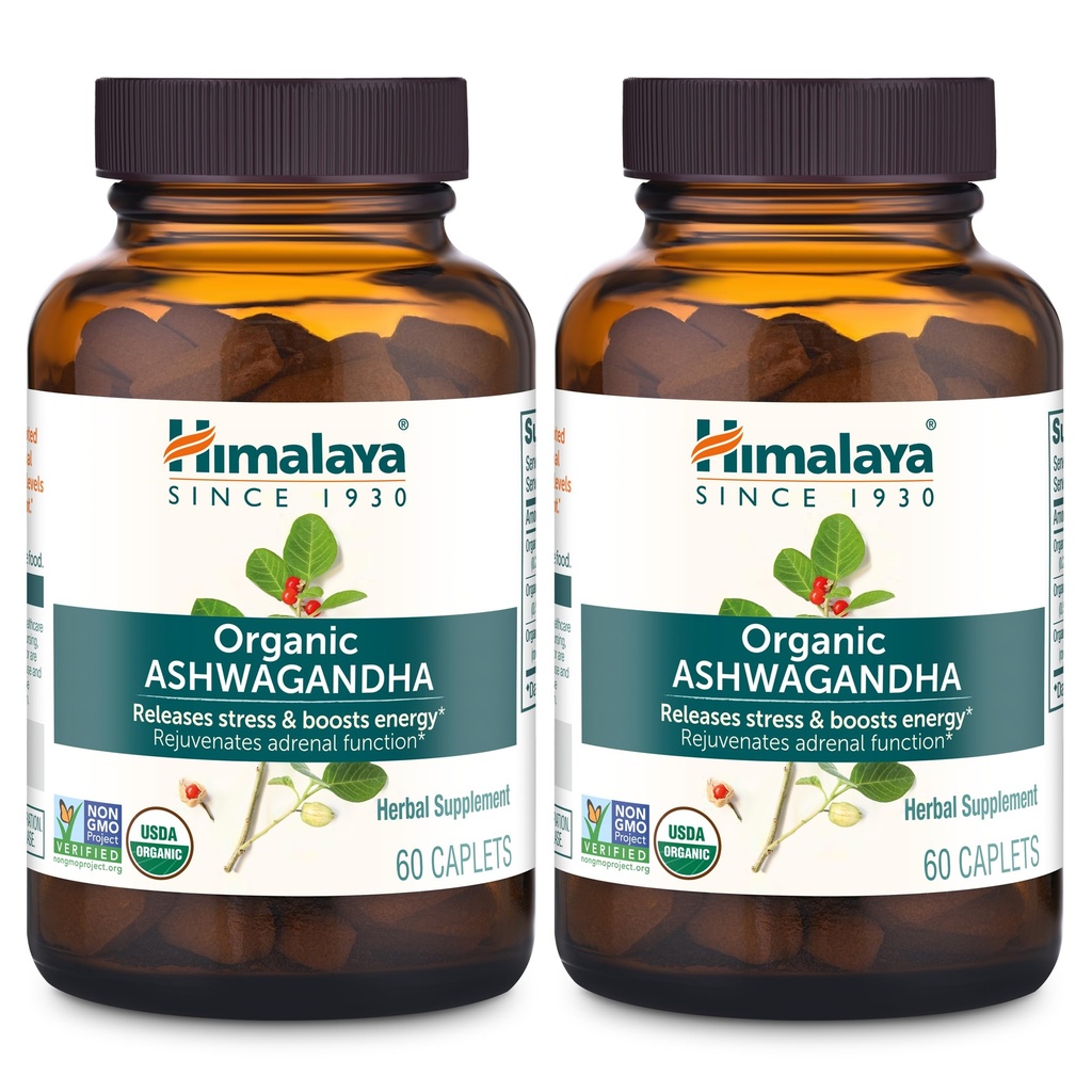 Himalaya Organic Ashwagandha, alimentazione di 120 giorni, supplemento di erbe per il sollievo di stress, supporto energetico, insonnia occasionale, USDA Organic, Non OGM, Vegan, Gluten Free, 670 mg, 60 Caplets, 2 Pack
