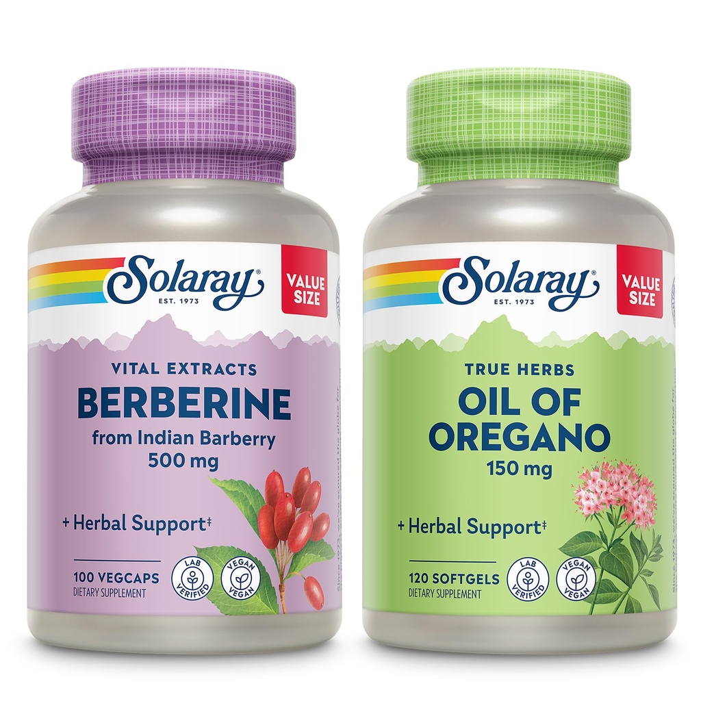 SOLARAY Berberina e olio di Oregano Bundle - Berberina HCl da Indian Barberry Plus Olio di origano per un potente supporto benessere - 100 VegCaps/120 Softgels