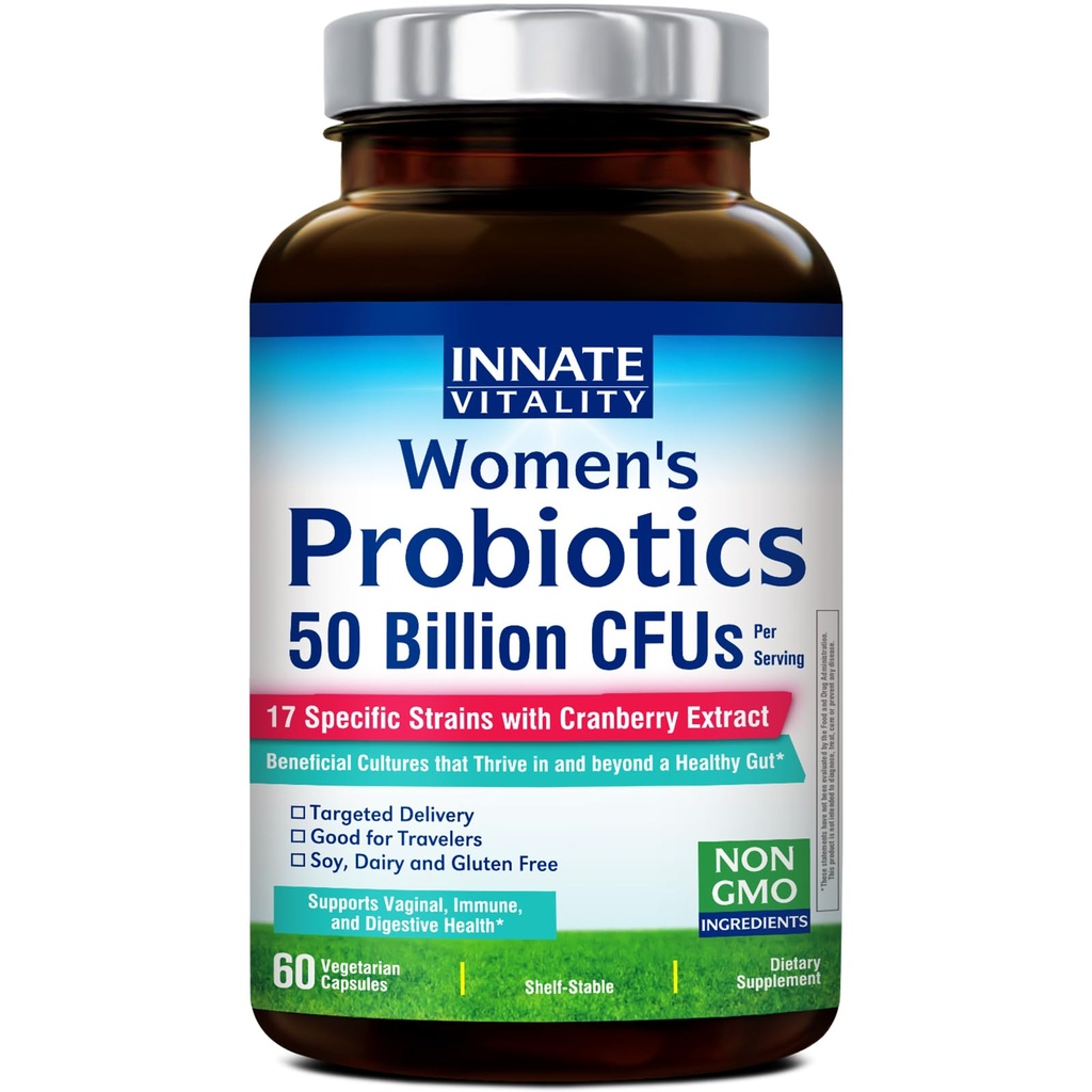 Probiotici vitalità innata per le donne, 50 miliardi di CFU, 17 Prove Strains, 60 Caps Veggie, formulati con prebiotici e estratto di mirtillo, Non OGM, Supporti Vaginale, Digestivo e Salute Immune