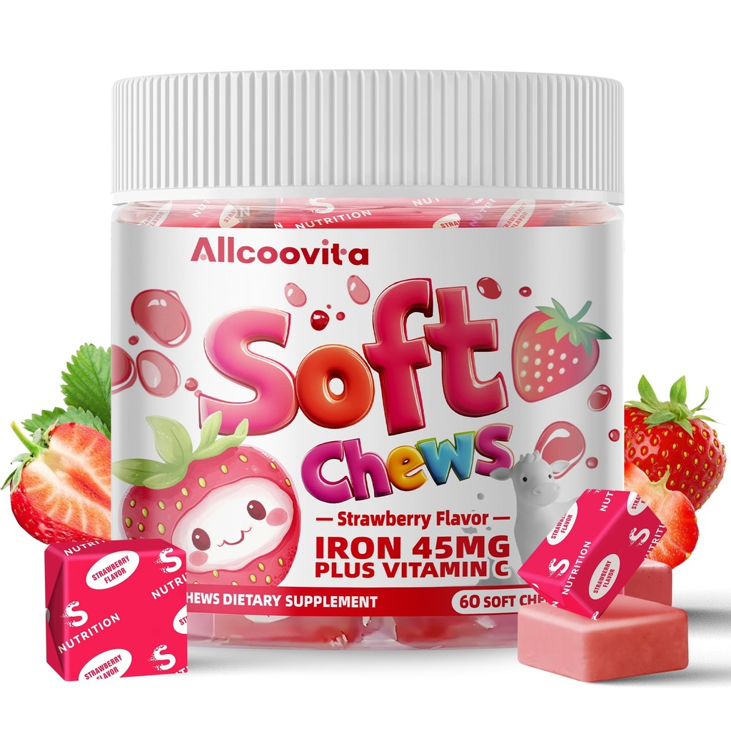 Iron Soft Chews supplemento con vitamina C | Strawberry aromatizzato | Gluten Free | Iron Supplemento per donne uomini e bambini | 60 conte | 2 mesi di alimentazione