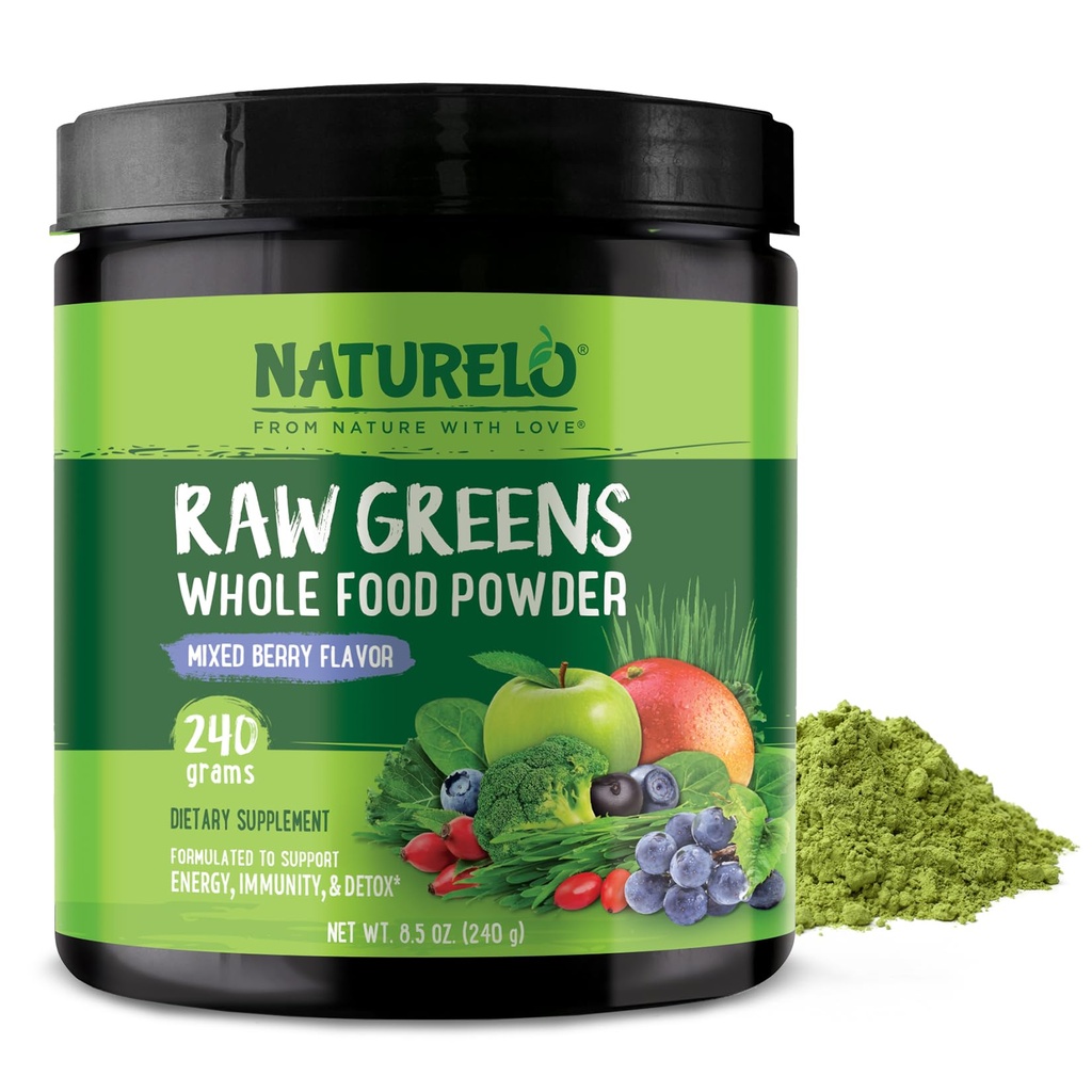 NATURELO Raw Greens Superfood Powder 240 Grammi, Bacca Mista - Supporta energia, immunità e disintossicazione - Include Spirulina, erba di grano e verdi organici per tutta la nutrizione alimentare