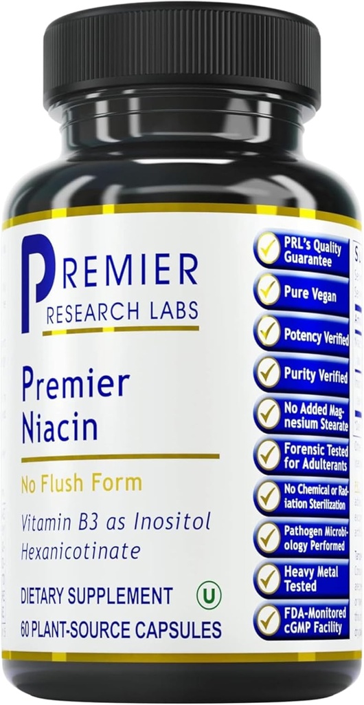 I laboratori di ricerca Premier Niacin - Niacin senza fluido con Inositol Hexanicotinate, Niacin No Flush, B3 Niacinamide Supplemento di vitamina per il supporto della circolazione sanguigna - 60 capsule vegetariane