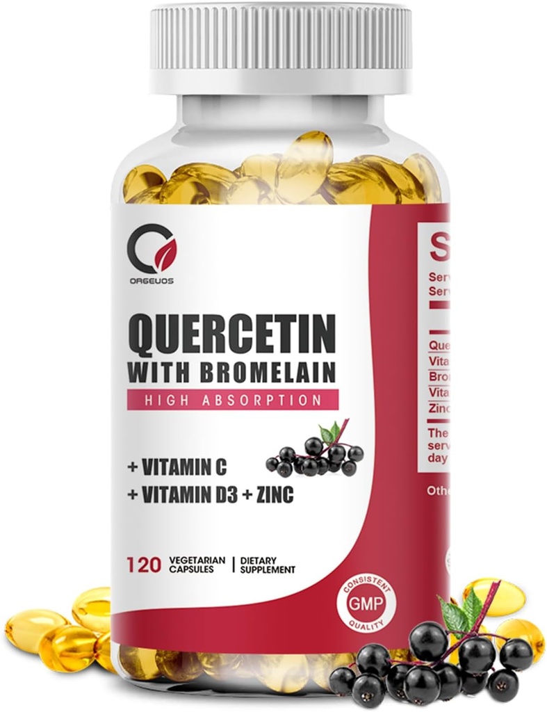 Quercetin 1000mg con Bromelain, Vitamina C & D3, Zinco, Bromelain Quercetin Integratori per Uomini & Donne, Non OGM & Gluten Free, 120 Capsule