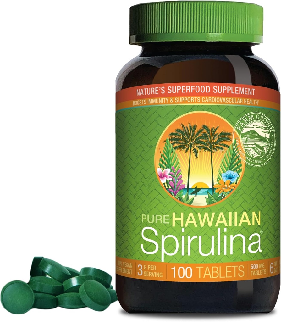 Nutrex Hawaii, Pure Hawaiian Spirulina 500 mg, Vegan, Supporta sistema immunitario, Cuore, Celle ed Energia, 100 compresse