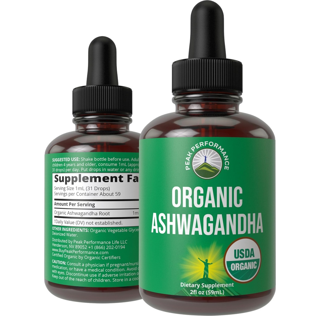 Ashwagandha Liquid Drops. USDA Organic Vegan Supplement. Estratto di radice di Ashwagandha ad alta resistenza per donne, uomini, bambini. con Adaptogens. Zero Zucchero, Organico, Gluten Free Tincture Integratori.