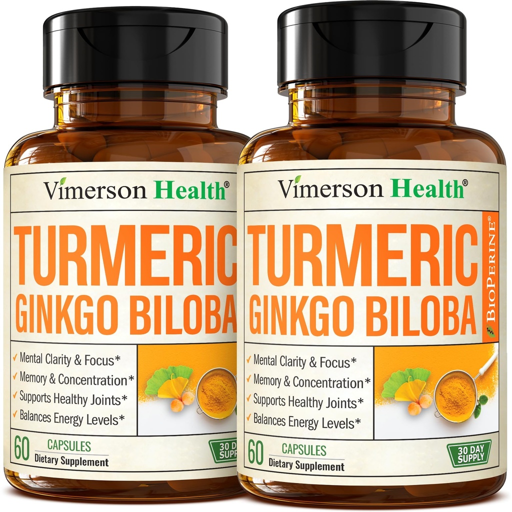 Ginkgo Biloba e curcumina curcuma curcuma curcuma supplemento w/Black Pepper & Organic Tumeric – Integratore currico naturale per messa a fuoco, memoria, Joint & Brain Health – Vegan Ginko Biloba Capsule w/Curcuma – 2 Pack