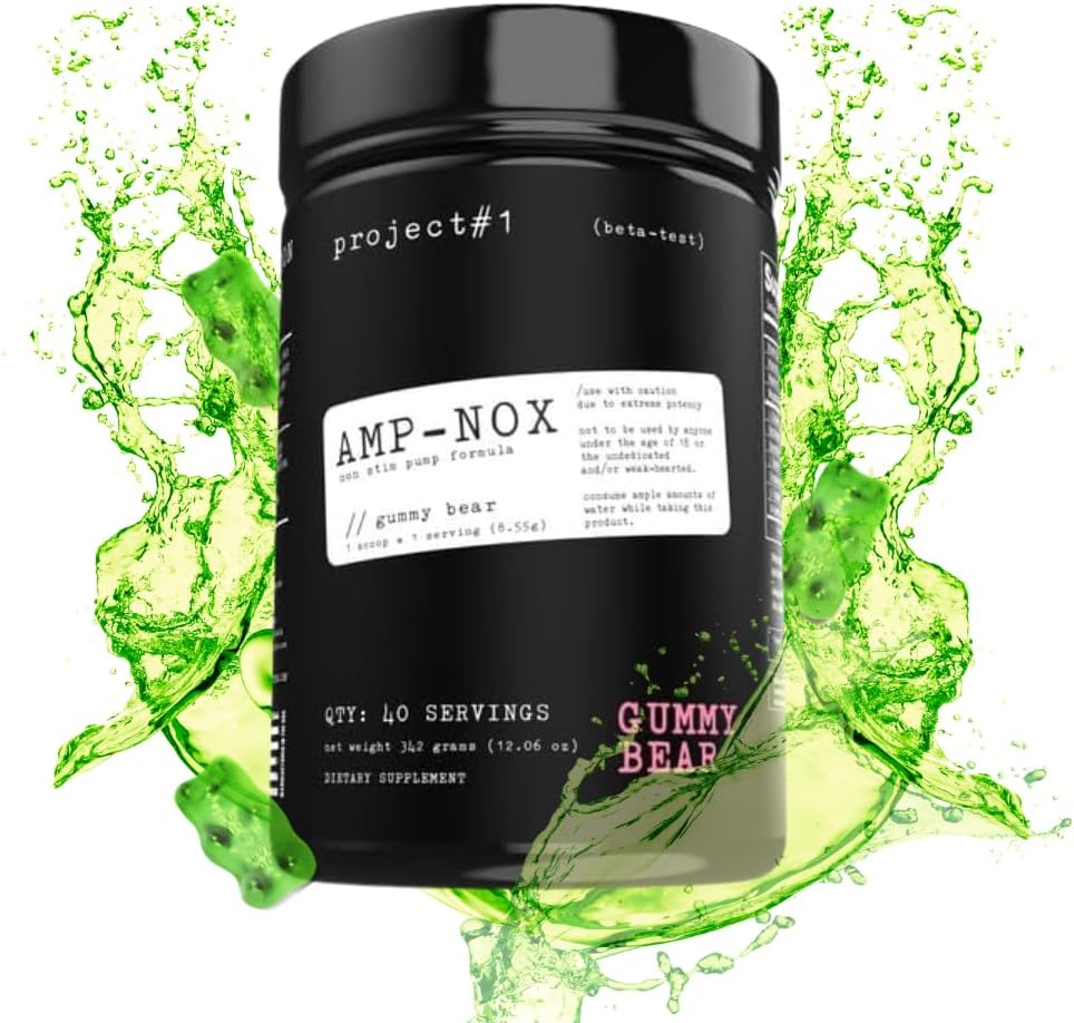 Progetto #1 AMP-NOX: Polvere non standard pre allenamento - Boost Focus, pompa, & Energy - Caffeina Free Protein Drink con aminoacidi per gli uomini e le donne - Gummy Bear Flavor - 40 Servings