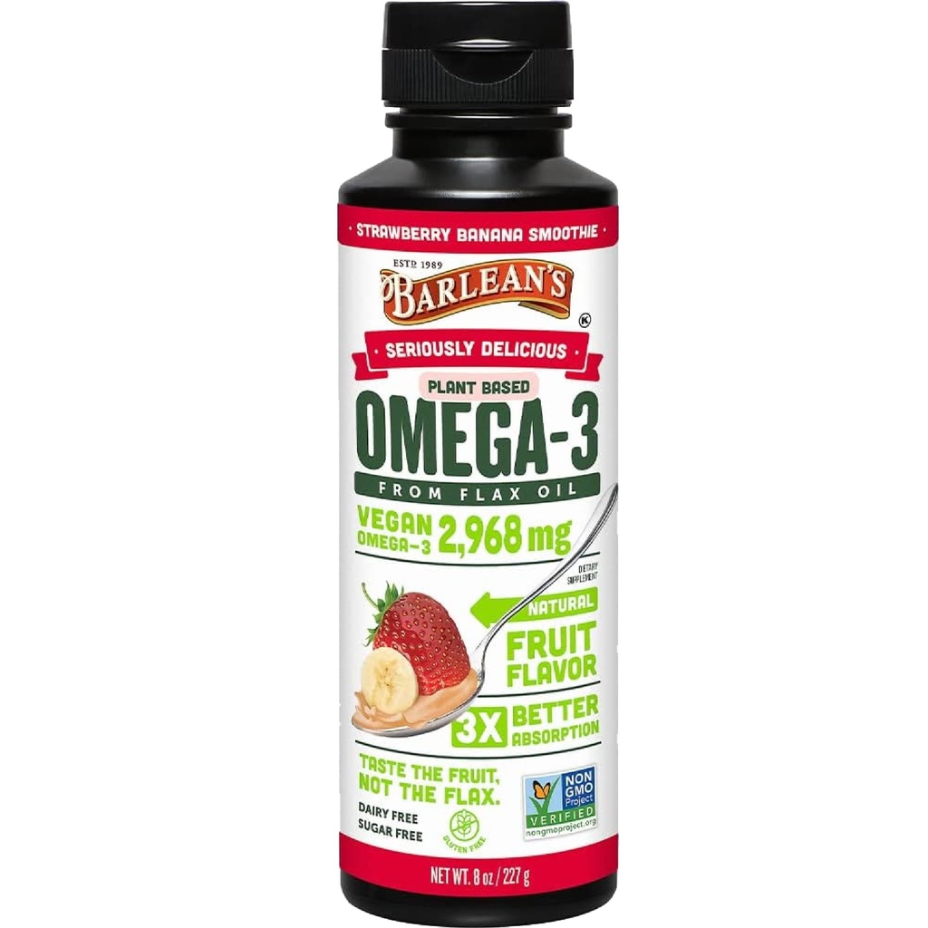 Olio di lino di banana di fragola di Barlean, Vegan Omega 3 6 9 Integratori per bambini e adulti da olio di semi di lino pressato a freddo con 2,968 mg di Omega Vegan, Non OGM & Gluten Free, 8 oz