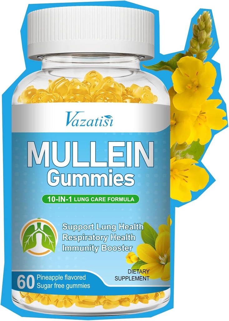 10 in 1 Gummie di Mullein per polmoni, Estratto di foglie di Mullein con Bromelain, Quercetina, Magnesio - Sostenere la pulizia polmonare per il respiro sano, 60ct
