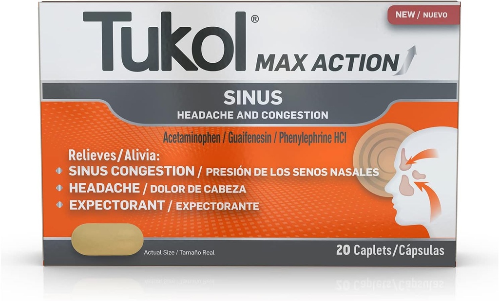 TUKOL Max Action Sinus, Congestion & Pressure Caplets for Pain, Headache Relief, Expectorant, Non Drowsy, 20 Count