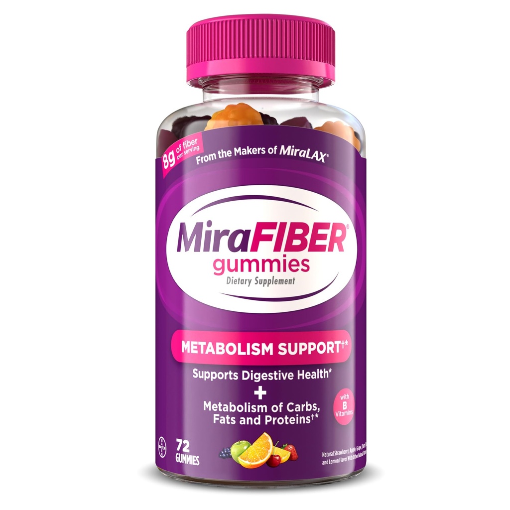 Gummies MiraFIBER dai creatori di MiraLAX, 8g di Fibra Giornaliera Per Serve, Supporto Metabolismo con Vitamine B, Salute Gut per Uomini e Donne, Gummie Prebiotici Fibra per Adulti, Frutta Mista Aroma 72Ct