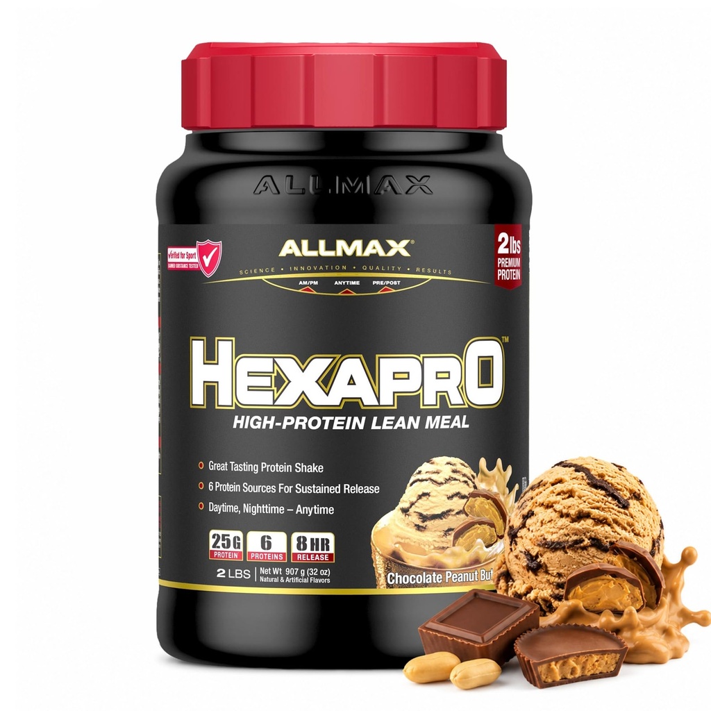 ALLMAX HEXAPRO, Burro di arachidi al cioccolato - 2 lb - 25 Grammi di Proteine Per Serving - 8 ore di rilascio prolungato - Zucchero Zero - 21 Serve