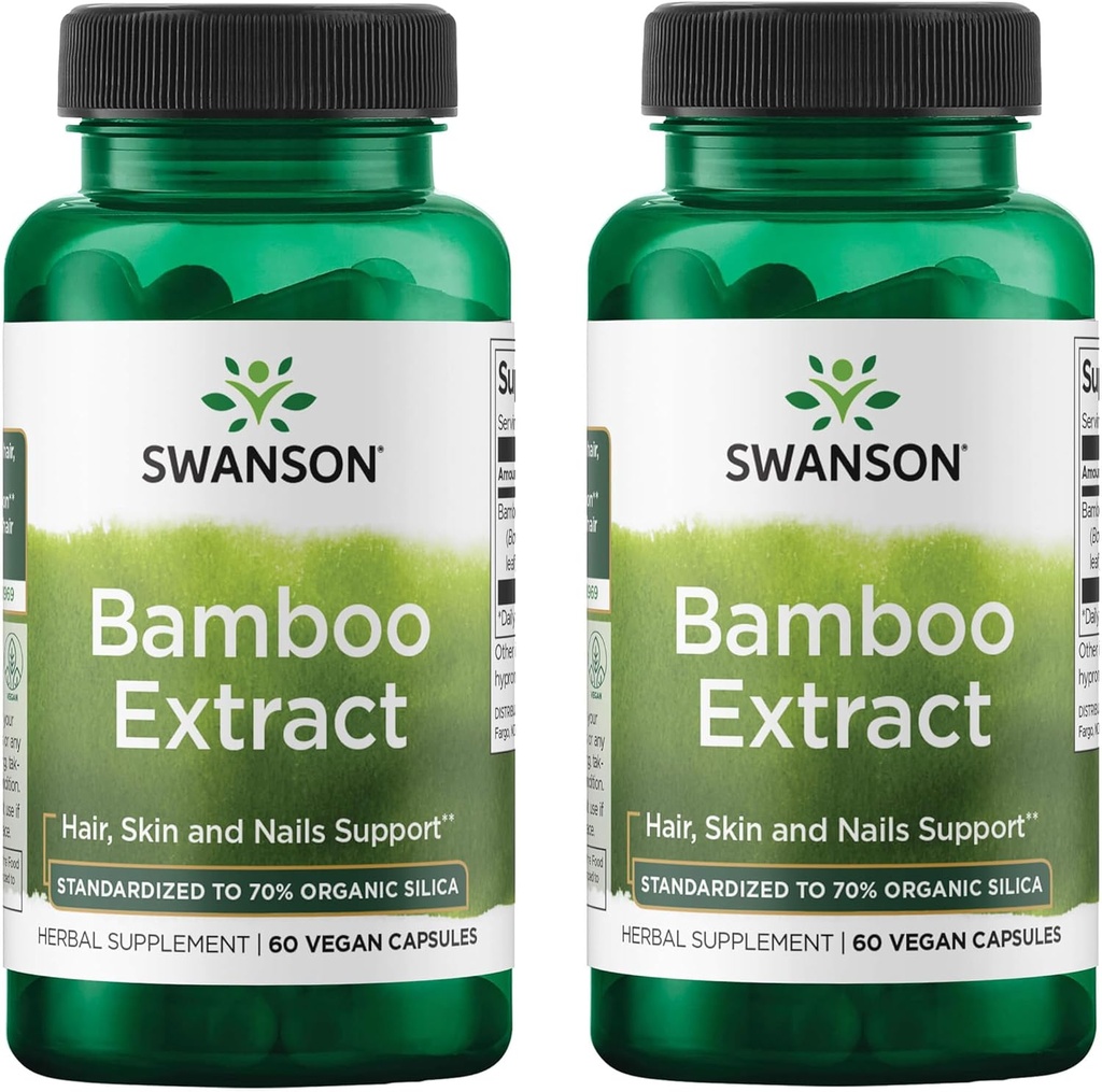 Estratto di Bamboo di Swanson - Supplemento di capelli naturali, pelle e unghie - 70% Contenuto di silice che supporta la formazione di collagene e la crescita di ossa - (60 capsule di verdure, 300 mg ogni) (2 Confezione)