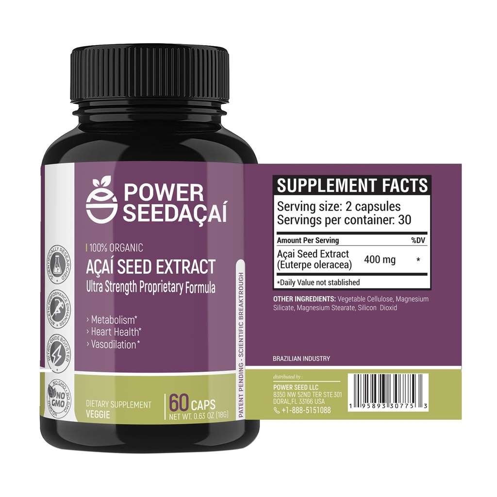 Potere Acai - Nitric Oxide Booster. Supporta il flusso sanguigno, livelli di zucchero nel sangue, funzione metabolica e energia. Super forte antiossidante. Caffeina-Free. Formula brevettata | 60 capsule