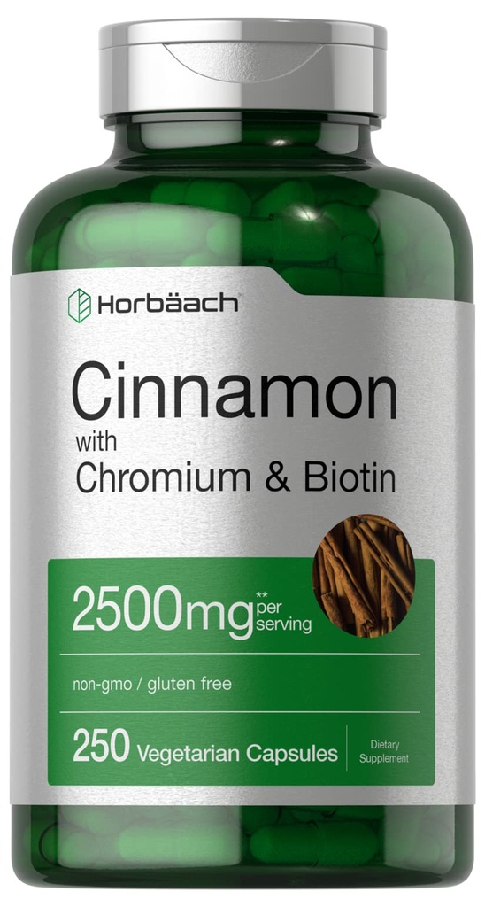Cannella Horbäach con cromo picolinato 2500mg | 250 capsule | Plus Biotin | Vegetariano, Non OGM, Gluten Free