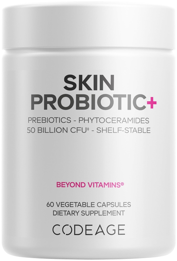 Probiotici della pelle di Codeage + Prebiotici - Supplemento di routine di cura della pelle - 50 miliardi di CFU - Erbe botaniche ayurvedici - Probiotici facciali - Pulitore stabile dello scaffale, Non-GMO, Vegan - 60 capsule