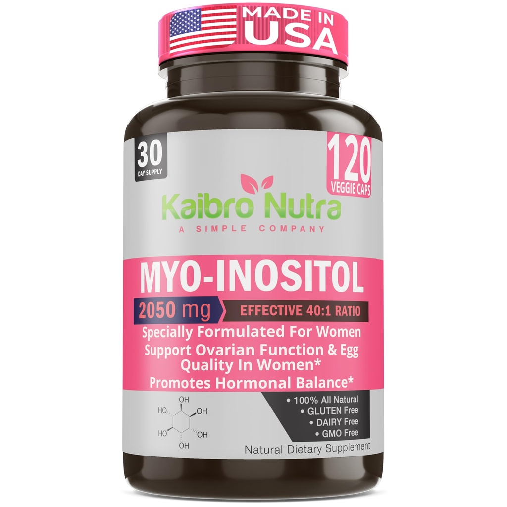 Kaibro Nutra Myo-Inositol Supplemento, Myo-Inositol & D-Chiro Inositol 40:1 Ratio, Ormone Balance & Ovarian Support for Women with Vitamin B8, 2050mg, Vegan, Non OGM Capsule 120 Count