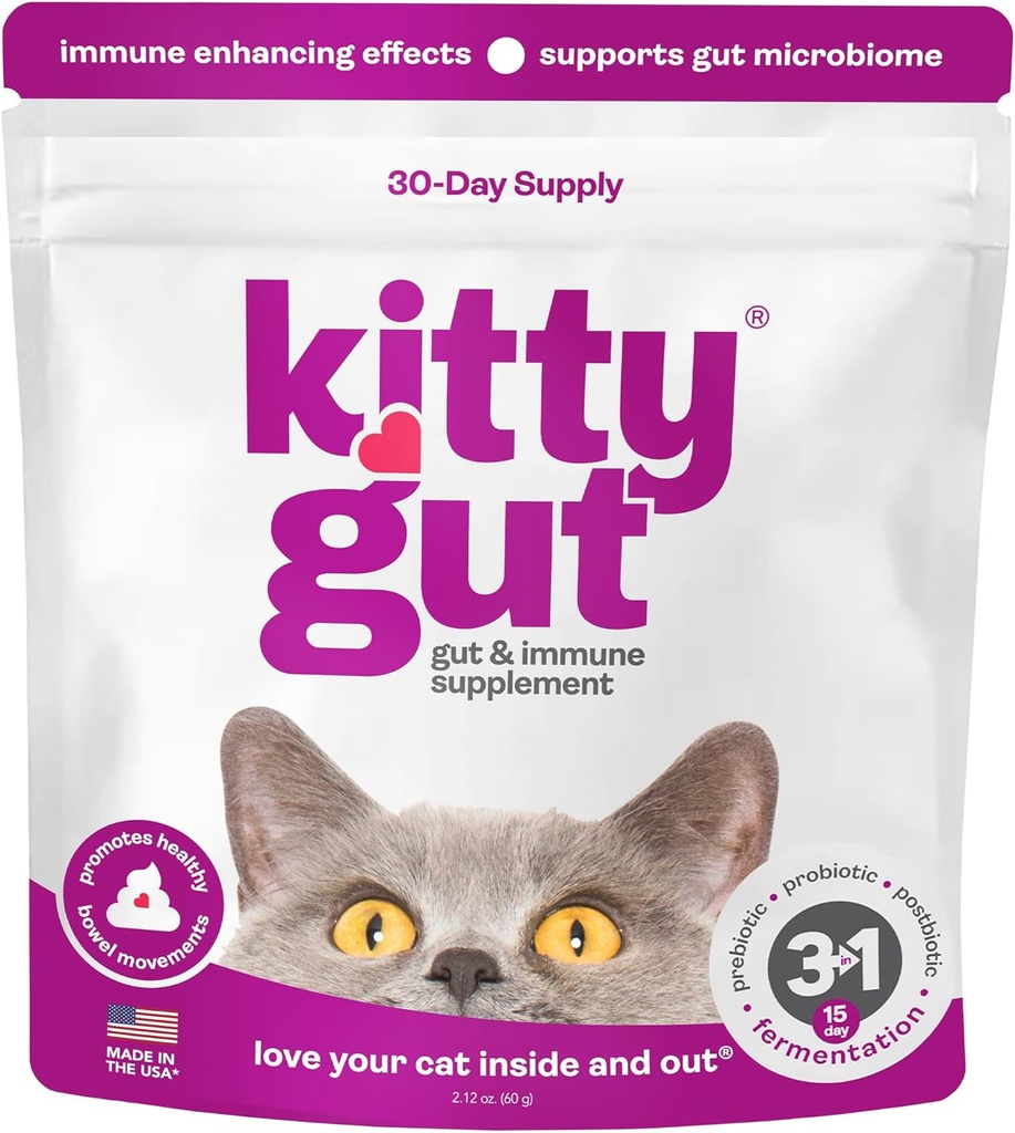 KittyGut 3-in-1 Organic Cat Probiotics & Postbiotic Supplement Powder- Made in USA-Probiotics for Cat Promote Gut Health and Cat Digestive Support, Diarrea e Vomiting (60g)