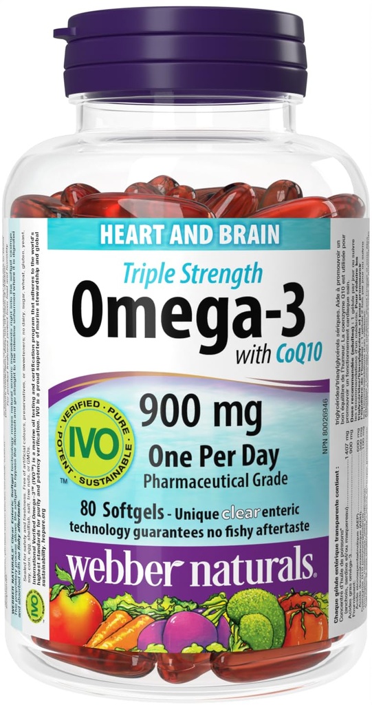 Webber Naturals Triple Strength Omega-3 con CoQ10 enterico rivestito 900 mg Omega-3 (EPA • DHA) / 100 mg CoQ10, 80 caps