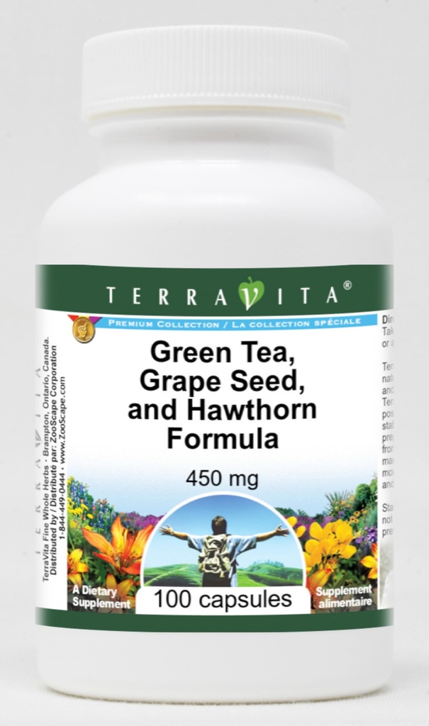Supporto ad alta pressione sanguigna - Tè verde, semi di uva e biancospino - 450 mg (100 capsule, ZIN: 517080)