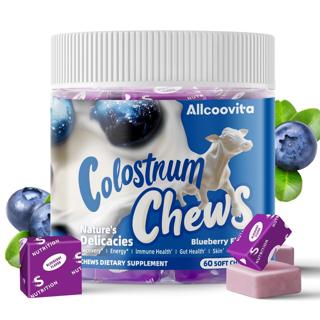 Bovine Colostrum Chews Supplemento con probiotici per la salute del fegato, Bloating, supporto immunitario, pelle, crescita dei capelli e bellezza - Blueberry Flavor (60 Serve)