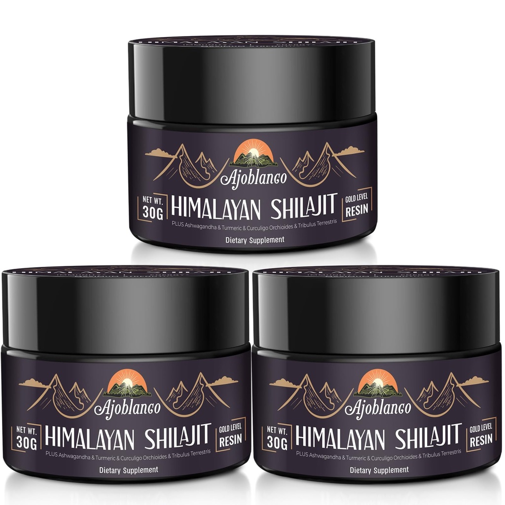 Ajoblanco 600mg Natural Himalayan Organic Shilajit Resina - Himalayan Gold Shilajit Resina con miscela ayurvedica organica in alta potenza per energia, resistenza e immunità, confezione da 3