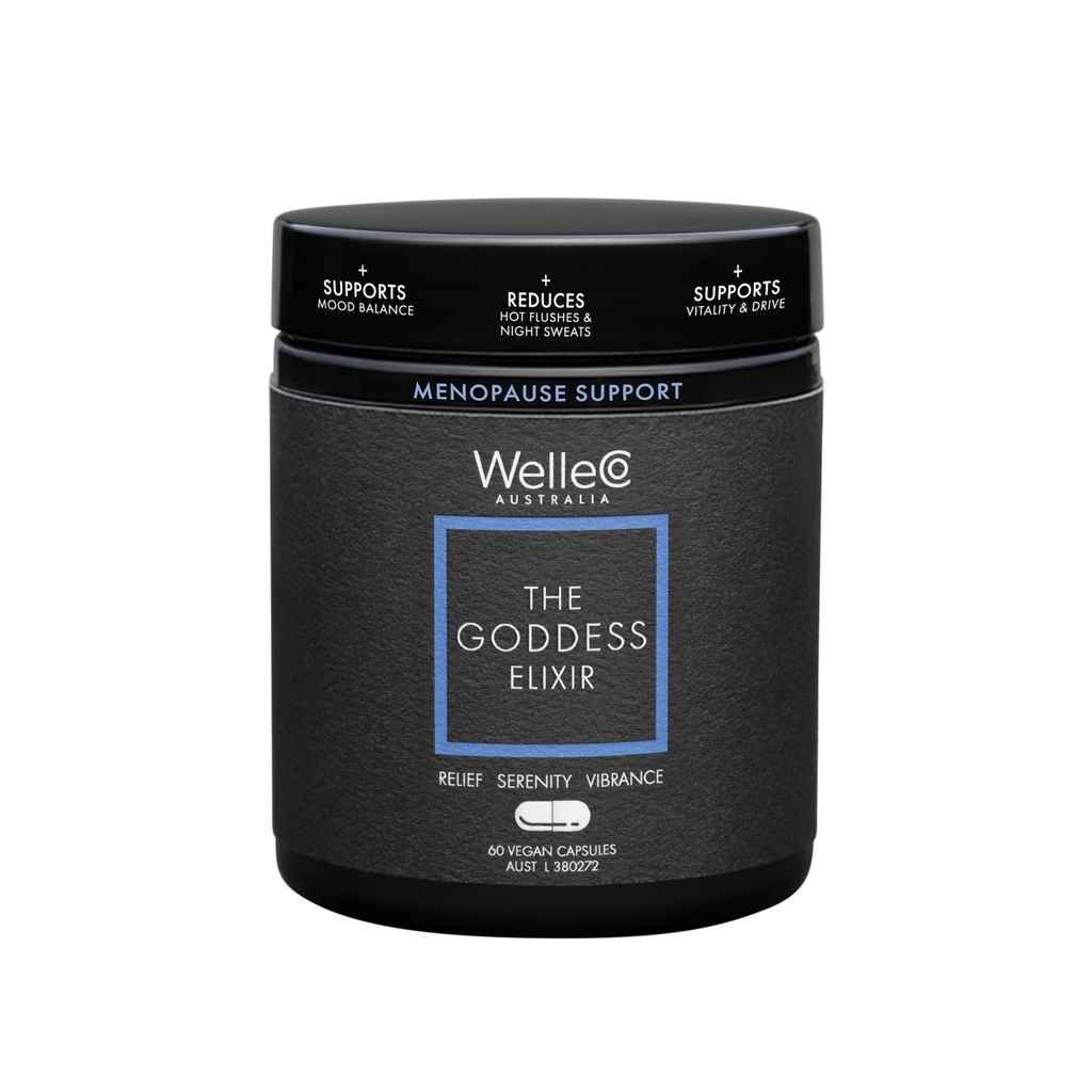 WelleCo La Dea Elisir, Menopausa Supplemento per le donne con Vitex, Clover rosso & B Vitamine, Supporta l'equilibrio dell'ormone, Night Sweats & Hot Flashes Relief, 60 Capsule