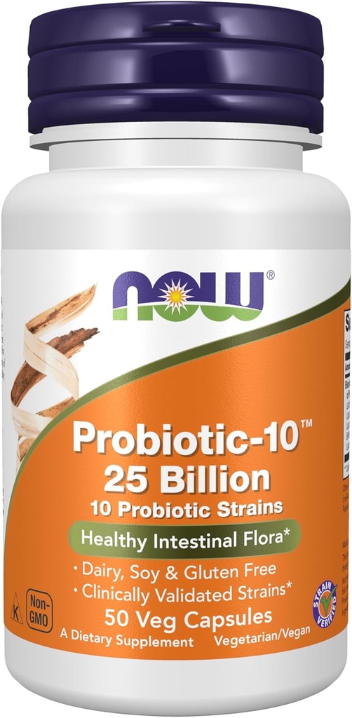 NOW Alimenti Integratori, Probiotic-10TM, 25 miliardi, con 10 Probiotici Strains, Latticini, Soia e Glutine Libero, Strain Verified, 50 Veg Capsule