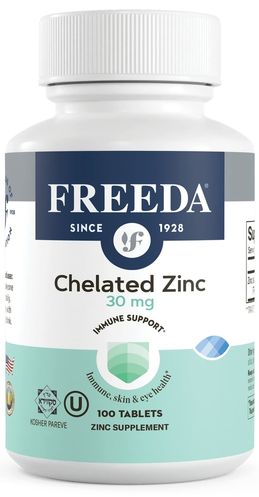 Freeda Chelated Zinc 30mg – TRAACS® Zinc Bisglycinate per l'assorbimento elevato – Vegan, Kosher, Gentle on Stomach – Supporto immunitario per adulti, uomini e donne – 100 compresse piccole