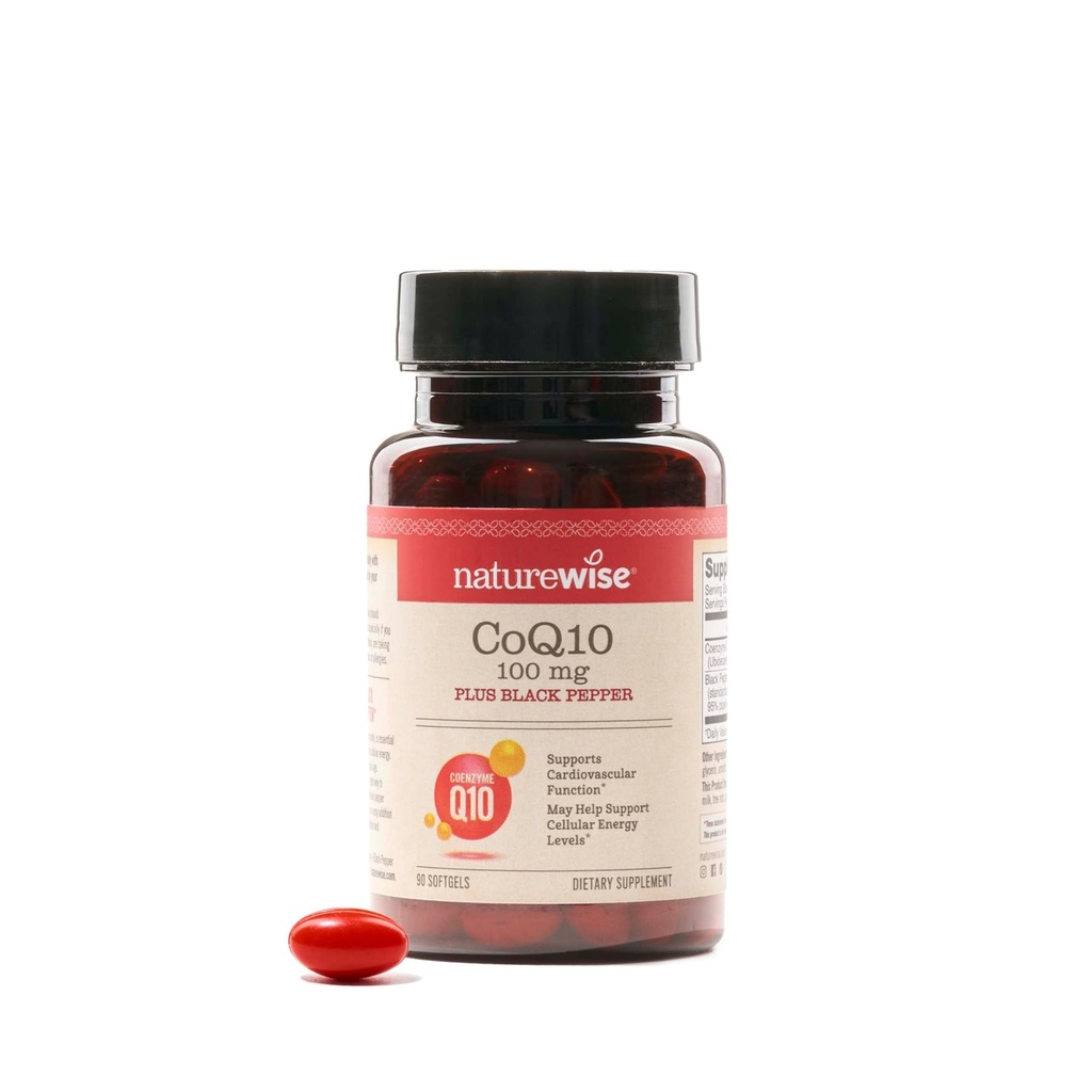 NatureWise CoQ10 100mg + Black Pepper Softgels - Coenzima ad alto assorbimento Q10 + Pepe Nero - Antiossidante per la salute del cuore + Energia cellulare - Vegan, Non-GMO, Gluten-Free - 90 Count[90-Day Supply]