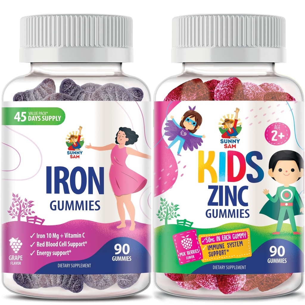 SUNNY SAM Zinc Gummies per bambini e gommoni di ferro per adulti, vitamine di ferro con vitamina C