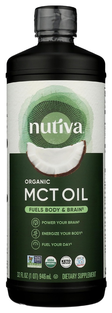 Nutiva Organic MCT Olio, non aromatizzato, 32 Oz, USDA Organico, Non OGM, Non-BPA, Intero 30 approvato, Vegan, Gluten-Free & Keto, 14g MCT per Serving & Neutral Flavor per Energy Boost to Coffee, Shakes and Salads