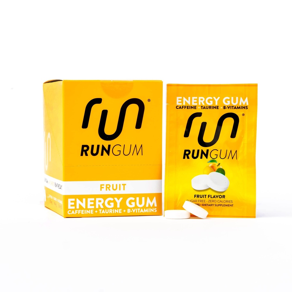 RUN GUM Fruit Energy Chewing Gum 50mg Caffeine Taurine & B-Vitamins Per Piece, 24 Pezzi (Pack of 12) Sugar Free, Zero Calorie, No Aspartame, and Gluten Free