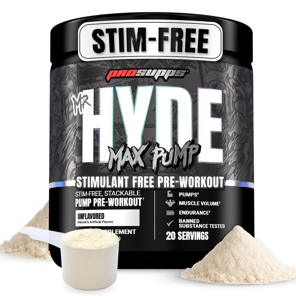PROSUPPS Mr. Hyde Max Pompa Pre Workout Polvere - Stim-Free Preworkout Supporta il flusso sanguigno, il volume del muscolo e la resistenza - Caffeina-Free Nitric Oxide Gym & Fitness Supplements (senza aroma, 20 Servings)