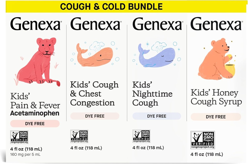 Genexa Kids' Clean Cough Medicine & Honey Cough Syrup, Pain & Fever Riduttore Valore 4-Pack, Dye Free, 0% Additivi Artificiali, Cura della Tosse per Bambini, Febbre & Dolore, 16 fl oz (4 Bottiglie)