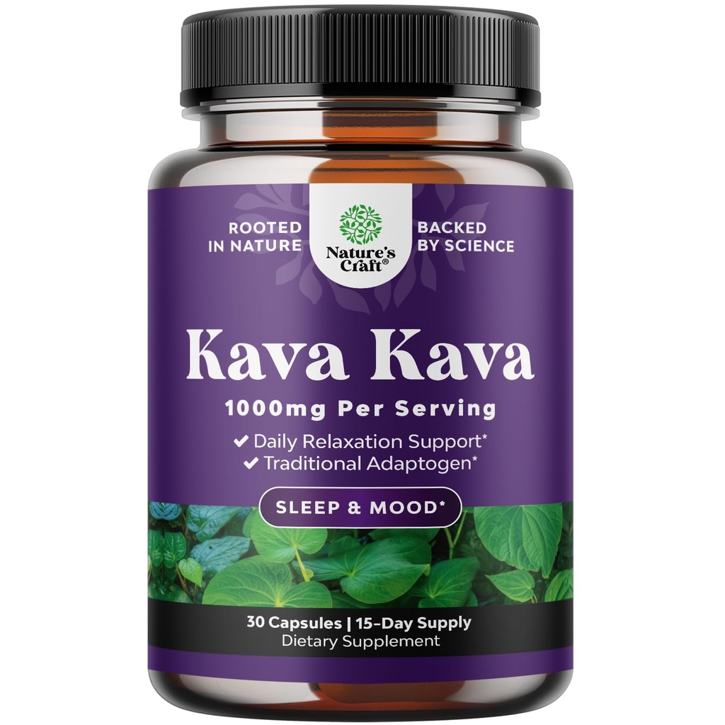 Kava Kava Root Extract Supplemento 1000mg - Fast Acting Herbal Support with Kavalactones for Balanced Mood - Relax Calming Capsules for Stress Support & Better Sleep - 15 Servings
