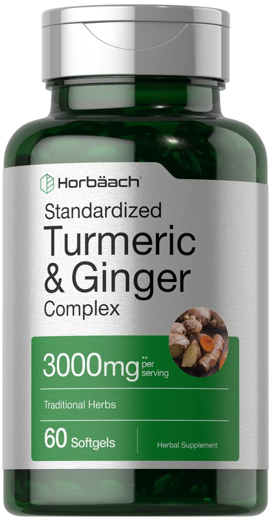 Horbäach Turmeric e Ginger Supplement 3000 mg | 60 capsule Softgel | Complesso curcuma curcuma curcuma currica con estratto di pepe nero | Non OGM, Gluten Free