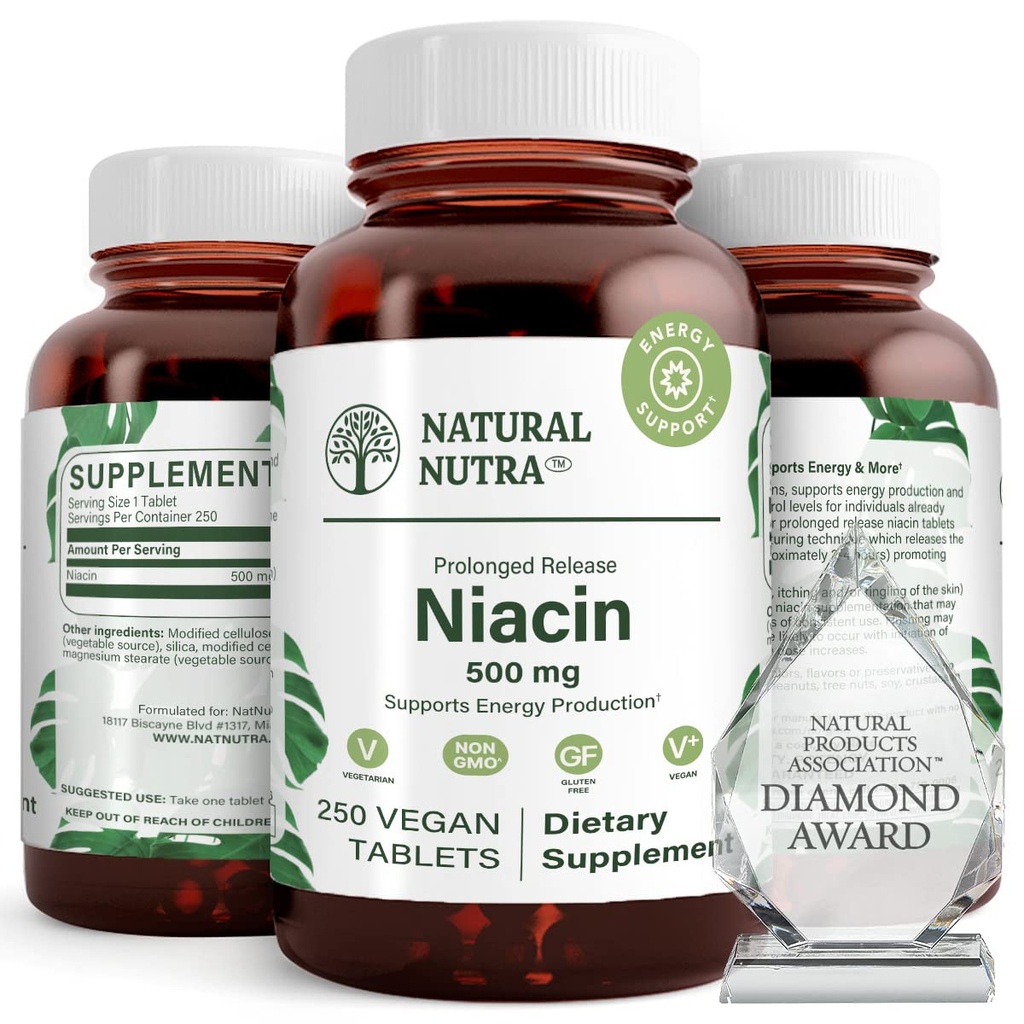 Naturale Nutra Time-Release Niacin lento 500mg (Vitamina B3), Supporto colesterolo sano, promuove la salute cardiovascolare, promuove le cellule della pelle e migliora la funzione cognitiva, 250 compresse vegane