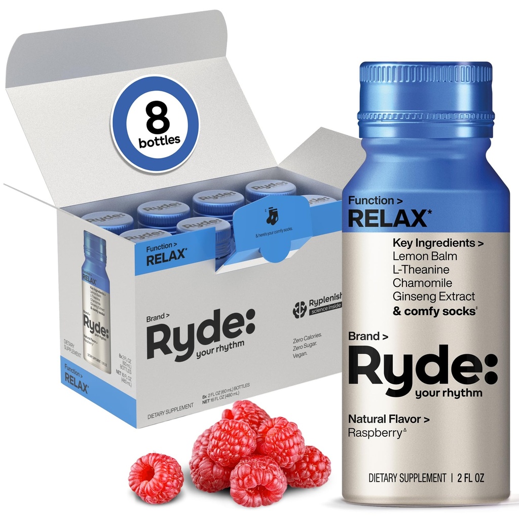 Ryde: Relax Shot | Raspberry Flavor | Lemon Balm, L-Theanine, Ginseng & Chamomile | 0 Calorie, 0 Zucchero | 2 FL OZ Shots | Aiuta a rilassarsi* (8 Confezione)