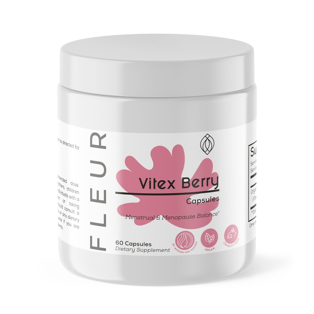 FLEUR Vitex Capsule, Vitex Chasteberry per l'equilibrio dell'ormone per le donne, PCOS Supplemento aiuta a mantenere il livello di Progesterone per il supporto del ciclo mestruale, Fertilità e supporto PMS, 500mg, 60Ct