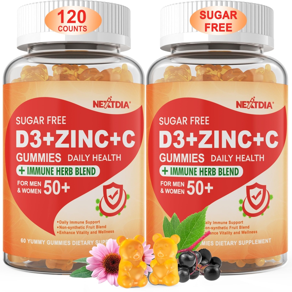 Zucchero Vitamina C + D3 + Zinc Gummies per Adulti 50 +, 9 in 1 Integratore di Difesa Immune con D3 5000IU, Elderberry, Echinacea, Foglia di Mullein per Boost Immunity, Antiossidante di Potenza, Vegan (Pack of 2)