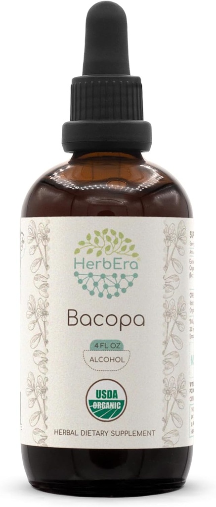 HerbEra Bacopa A120 USDA Organic Tincture | Estratto di alcool, Gocce di erbe ad alta potenza, Rilassamento, Positivo Effetto Cognitivo | Certificato Bacopa Organica (Bacopa Monnieri) Erbe secca (4 fl oz)