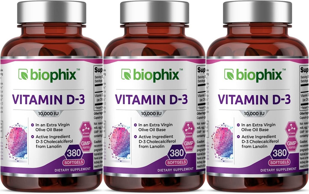 biophix Vitamin D-3 10000 IU 380 Softgels 3 Pack - Alta potenza in Olio Extra Vergine di Oliva Non OGM Soy-Free Supporti Forte Bones Salute Immune