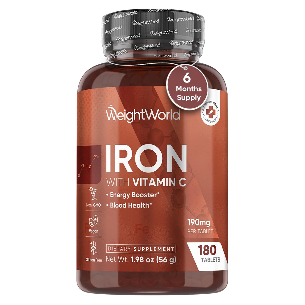 Supplemento di ferro del mondo del peso 65mg - con vitamina C 125mg - 180 compresse vegane (6 mesi di alimentazione) - Gentle Carbonyl Iron Supplemento per le donne & uomini - Energy Booster & Blood Heath - Non-GMO & Gluten-Free