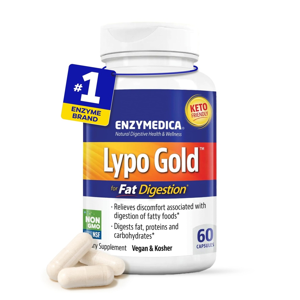 Enzymedica Lypo Gold, alta potenza Lipasi enzimi digestivi per la digestione grassa, supporta occasionalmente Bloating Relief & Digestive Health, Keto-Friendly, Vegan, 60 capsule