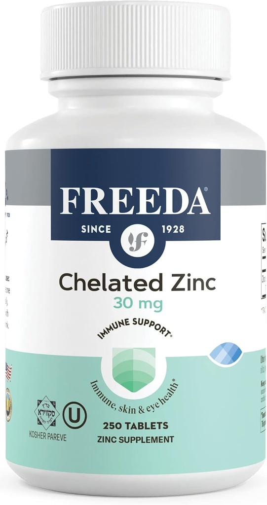 Freeda Chelated Zinc 30mg – TRAACS® Zinc Bisglycinate per l'assorbimento elevato – Vegan, Kosher, Gentle on Stomach – Supporto immunitario per adulti, uomini e donne – 250 compresse piccole